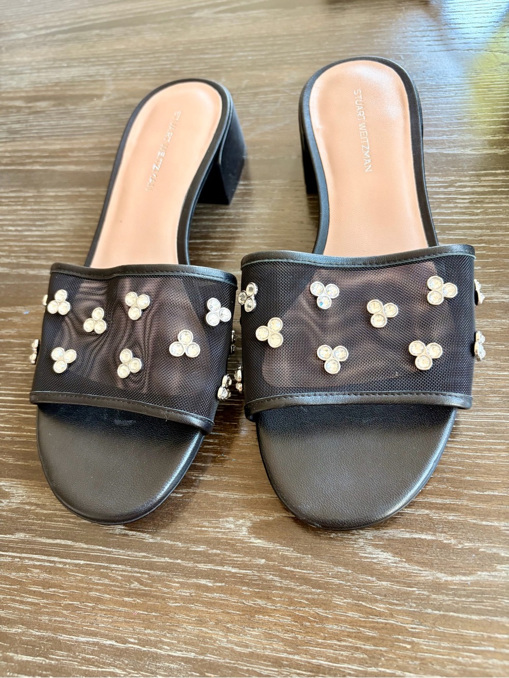 Stuart Weitzman Black Mesh Slide Sandals with Crystal Accents